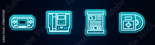 Set line Portable video game console, Cartridge, Game guide and CD DVD disk in box. Glowing neon icon. Vector