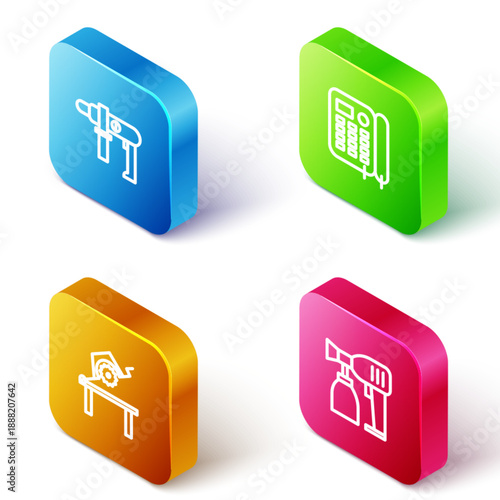 Set Isometric line Electric drill machine, Telephone, Table saw for woodwork and Paint spray gun icon. Vector