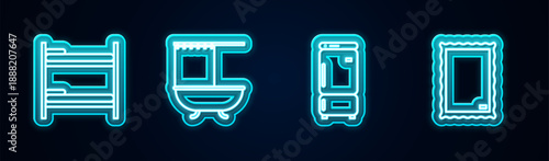 Set line Bunk bed, Bathtub with shower curtain, Refrigerator and Picture. Glowing neon icon. Vector