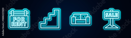 Set line Hanging sign with For Rent, Staircase, Sofa and Sale. Glowing neon icon. Vector