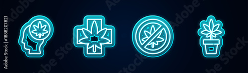 Set line Head with marijuana or cannabis, Medical leaf, Stop and Marijuana plant. Glowing neon icon. Vector