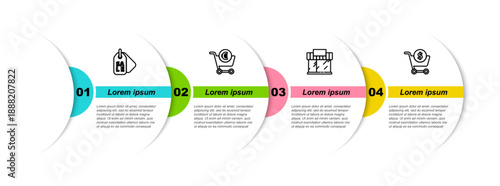 Set line Price tag with Sale, Shopping cart and euro, building or market store and dollar. Business infographic template. Vector