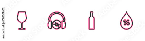 Set line Wine glass, Bottle of wine, Headphones and CD or DVD and Water drop percentage icon. Vector