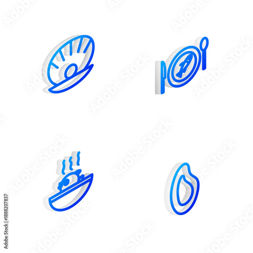 Set Isometric line Served fish on a plate, Shell with pearl, Puffer soup and Mussel icon. Vector