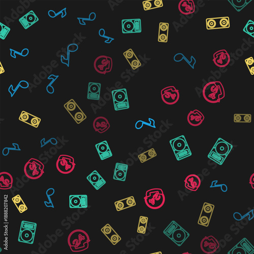 Set line Music note, tone, Hard disk drive HDD, Stereo speaker and Telephone 24 hours support on seamless pattern. Vector