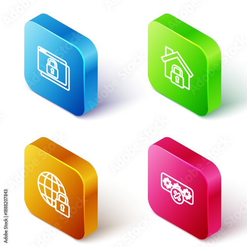 Set Isometric line Secure your site with HTTPS, SSL, House under protection, Global lockdown and Password icon. Vector