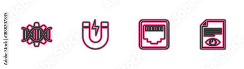 Set line Genetic engineering, Network port cable socket, Magnet with lightning and Paper page eye icon. Vector