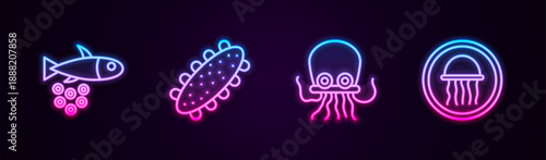Set line Fish with caviar, Sea cucumber, Octopus and Jellyfish on plate. Glowing neon icon. Vector