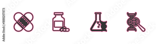 Set line Crossed bandage plaster, DNA research, search, Medicine bottle pills and icon. Vector