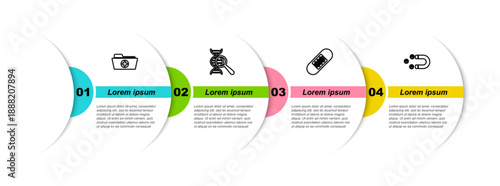 Set line Health record folder, DNA research, search, Bandage plaster and Customer attracting. Business infographic template. Vector