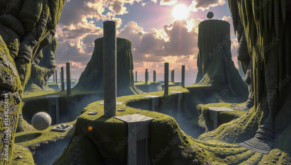 Fototapeta premium Dreamlike fantasy world features mysterious geometric totems rising from a foggy terrain under a colorful atmospheric sky, creating a sense of spiritual wonder