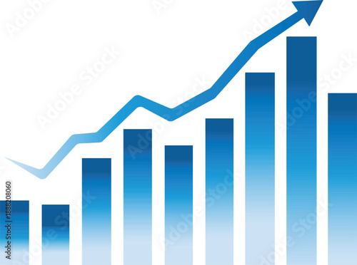 blue bar chart showing business growth trend with upward arrow indicating financial success and increasing revenue performance isolated on white background.