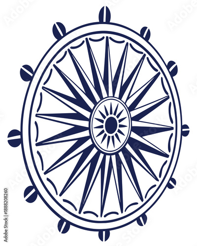 Stylized deep blue nautical ship's wheel or compass rose design isolated on white background