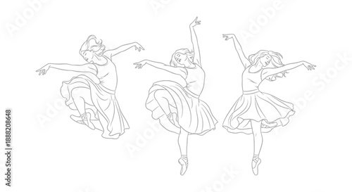 ballet dancers performing graceful movements in line art illustration three women expressing fluid motion ideal for creative design projects