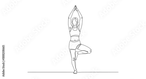 line art yoga pose of a woman in tree pose illustrating balance mindfulness healthy lifestyle wellness and fitness design.