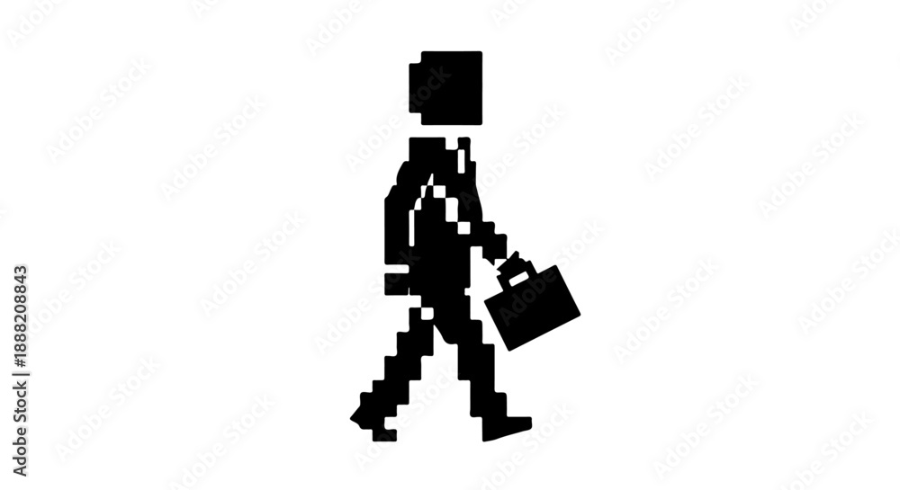 Obraz premium pixelated businessman walking with a briefcase in minimalist 8-bit style perfect for digital corporate identity and career concepts.