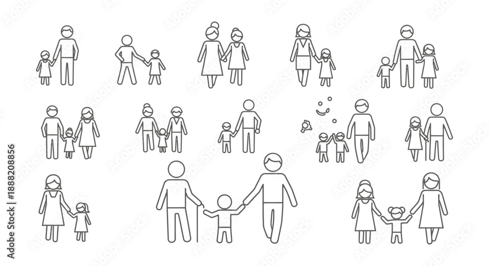 Fototapeta premium family icons line art representing various parent child and modern diverse relationships for digital content and educational resources