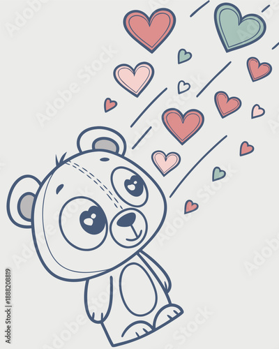 Cute cartoon teddy bear looking up at a shower of colorful hearts symbolizing love and affection