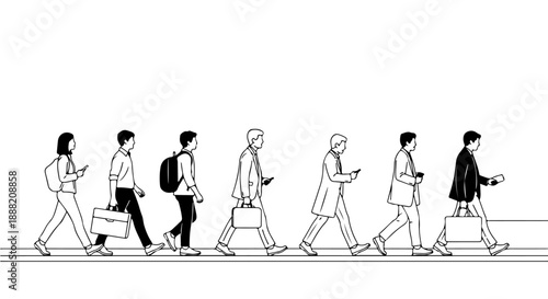 people walking urban commuters with phones and bags on a city path shows daily routine business and connectivity.