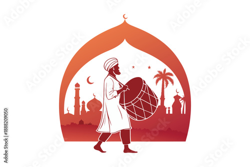 Man playing drum in front of mosque during Ramadan celebration