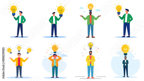 Flat Vector Illustration Collection of People Having Ideas with Light Bulb Symbols, Representing Creativity, Innovation and Concept Development