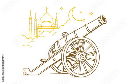 Vintage cannon launching towards crescent moon with mosque silhouette