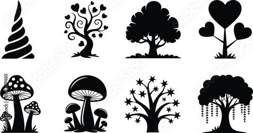 Fantasy tree silhouette set, magical plant and mushroom collection, fairy tale nature vector illustration, whimsical black shapes, isolated on white background