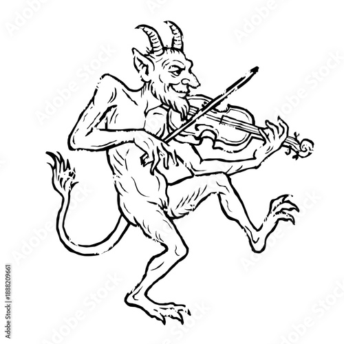 Medieval Marginalia Style Horned Demon Playing Violin in Absurd Naive Manuscript Illustration