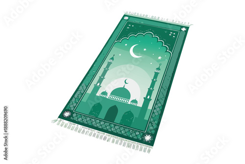 Vibrant green Islamic prayer mat with mosque design