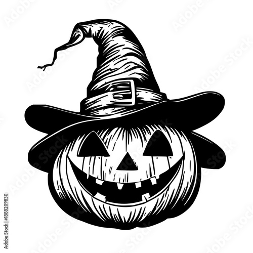 Spooky black silhouette jack-o'-lantern grinning with witch's hat buckle, ideal for Halloween decorations, party invitations, and seasonal designs