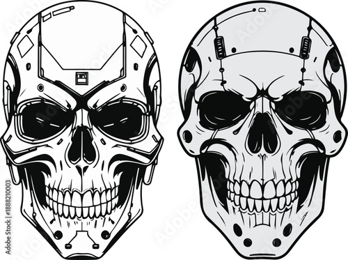 Cyber skull illustration with futuristic details, bold black thick outline only, NFT inspired digital art style, flat minimal vector illustration