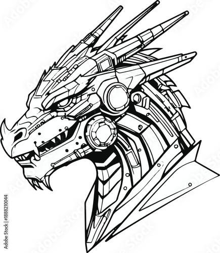  Cyber dragon head with futuristic mechanical elements, bold black thick outline, minimal NFT inspired illustration, flat vector style