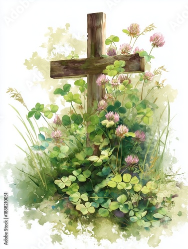 Wallpaper Mural Watercolor wooden cross with clover and wildflowers in soft natural greenery Torontodigital.ca