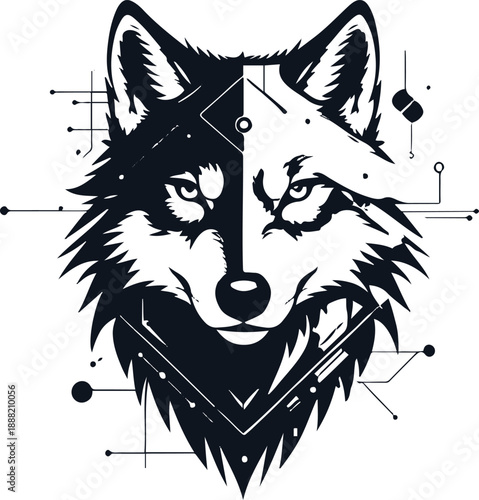 Cyber wolf head with digital futuristic elements, bold black thick outline, minimal NFT inspired flat illustration 2