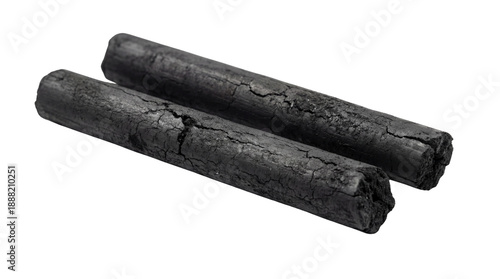 Two cylindrical black charcoal sticks for drawing or grilling isolated PNG with Transparent Background