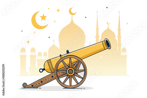 Vibrant cannon in front of stunning mosque with crescent moon