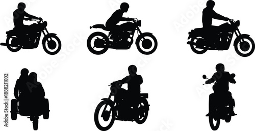 Motorcycle rider silhouette set, motorbike driver collection, biker poses, transportation vector illustration, black shapes, isolated on white background