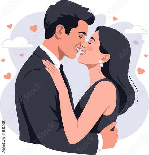 A stylish couple shares a tender kiss surrounded by floating hearts and soft clouds