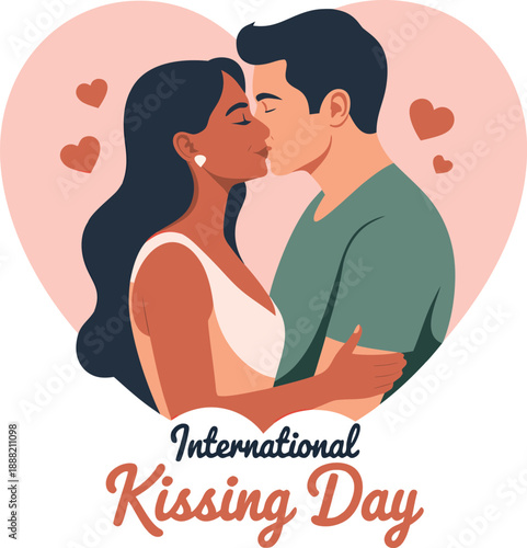 A diverse couple shares a tender kiss within a pink heart celebrating international kissing day