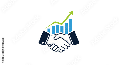 Business partnership and growth represented by handshake and upward trending graph.