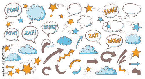 Cartoon Comic Book Elements with Speech Bubbles and Action Lines.