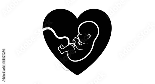 Simple black and white illustration of a fetus in a heart.