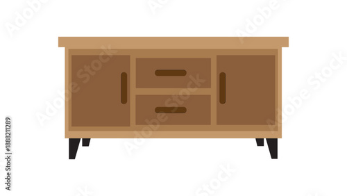 Modern wooden TV stand cabinet with drawers, home interior living room furniture vector illustration