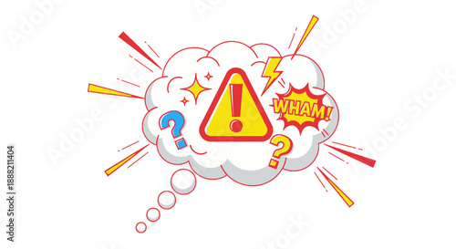 Warning sign in thought bubble with question marks and exclamation.