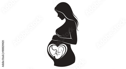 Silhouette of a pregnant woman with a heart-shaped fetus inside her belly.