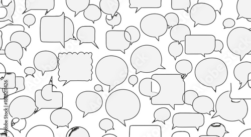Collection of various speech bubbles and text boxes in black outline on white background.