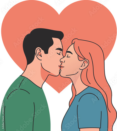 A couple shares a tender kiss framed by a large vibrant red heart in the background
