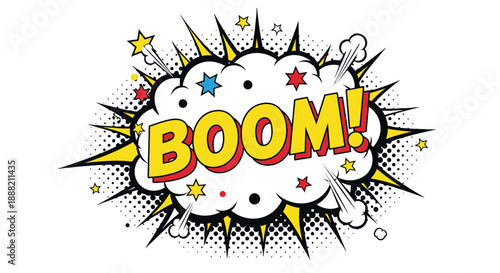 Comic style cartoon explosion with stars and BOOM text.