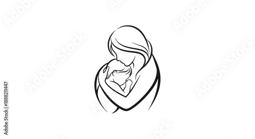 Mother holding baby in her arms, simple line drawing.
