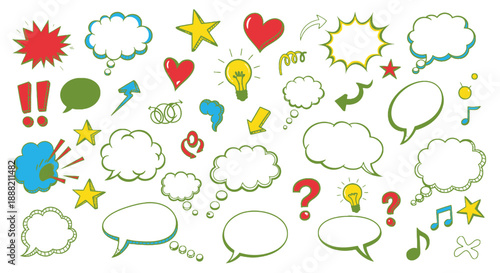 Collection of colorful speech bubbles and thought clouds with various symbols.